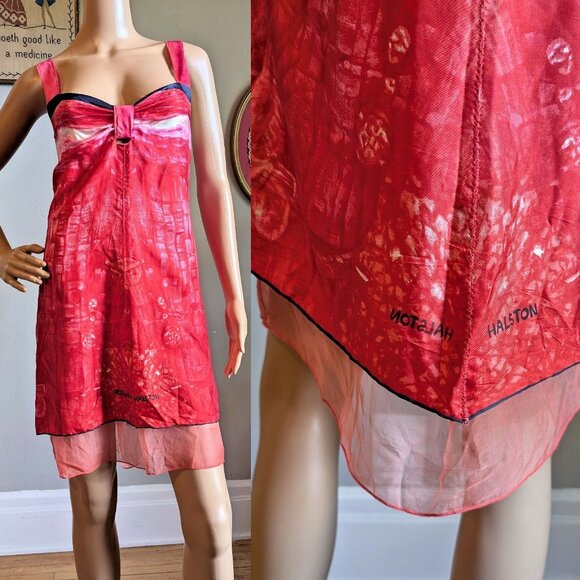 Vintage Launch by Susan Young Halston Print Mini Dress Silk Bow Pink Coquette L - Picture 1 of 16